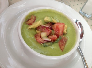 Avocado and watermelon gazpacho- looks like pea soup, but was insanely delicious